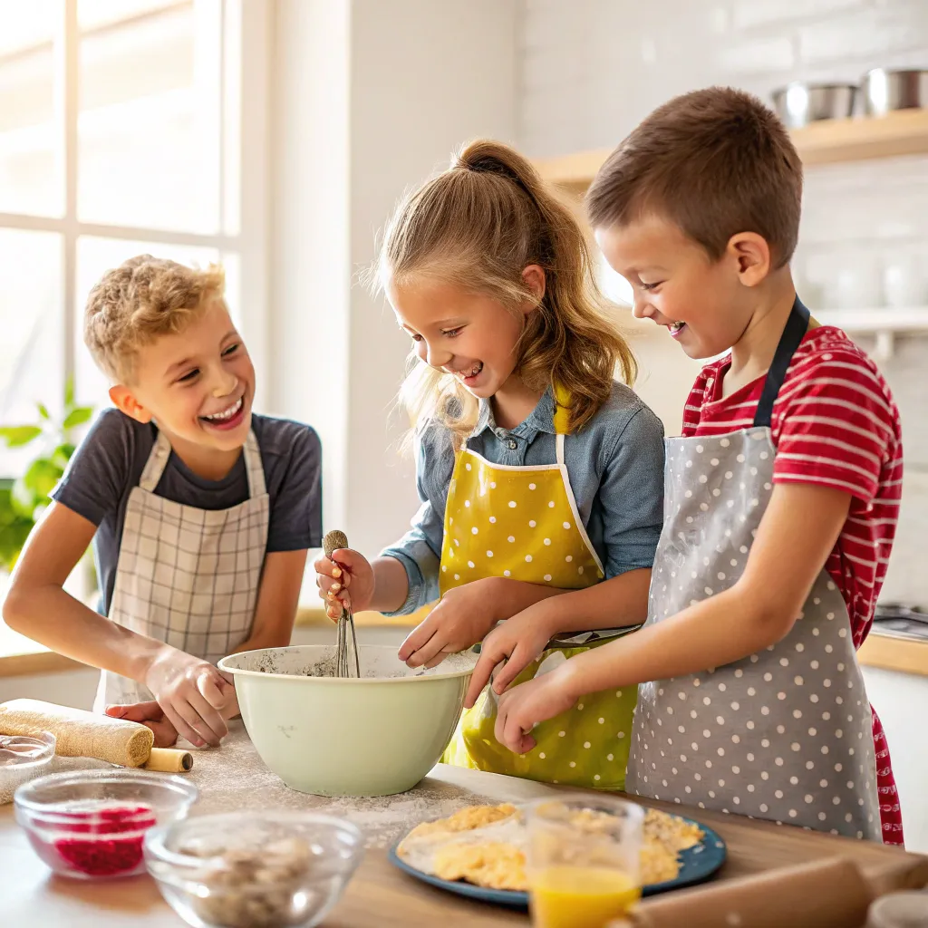 Happy children cooking together in a kitchen