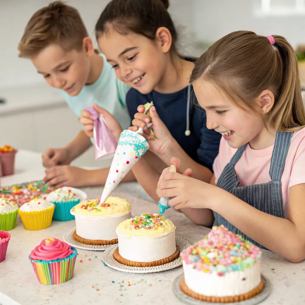 Children decorating cakes